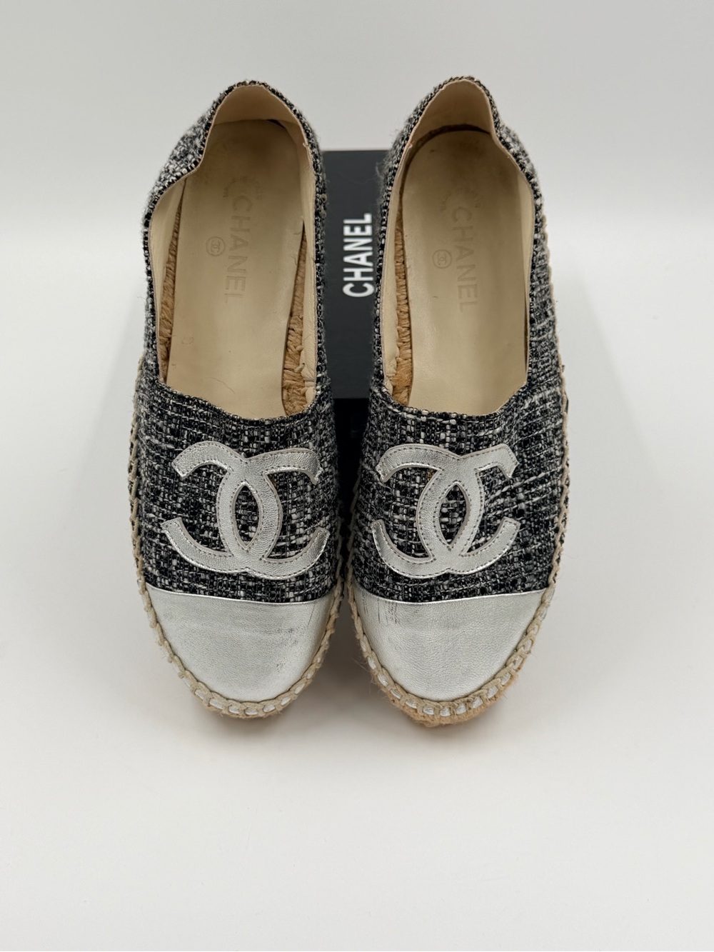 CHANEL Black Tweed & Silver Cap-Toe Espadrilles